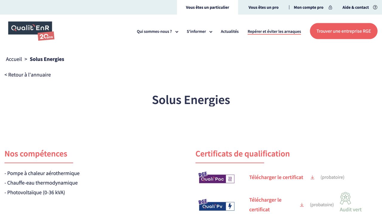 Capture de la fiche du certificateur pour Solus Énergies