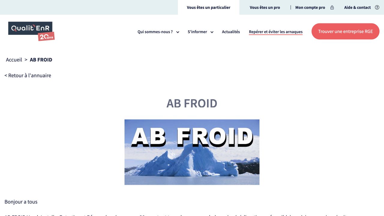 Capture de la fiche du certificateur pour AB Froid