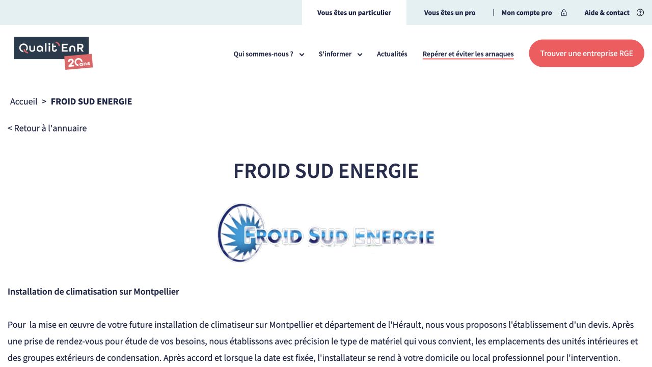 Capture de la fiche du certificateur pour Froid Sud Énergie
