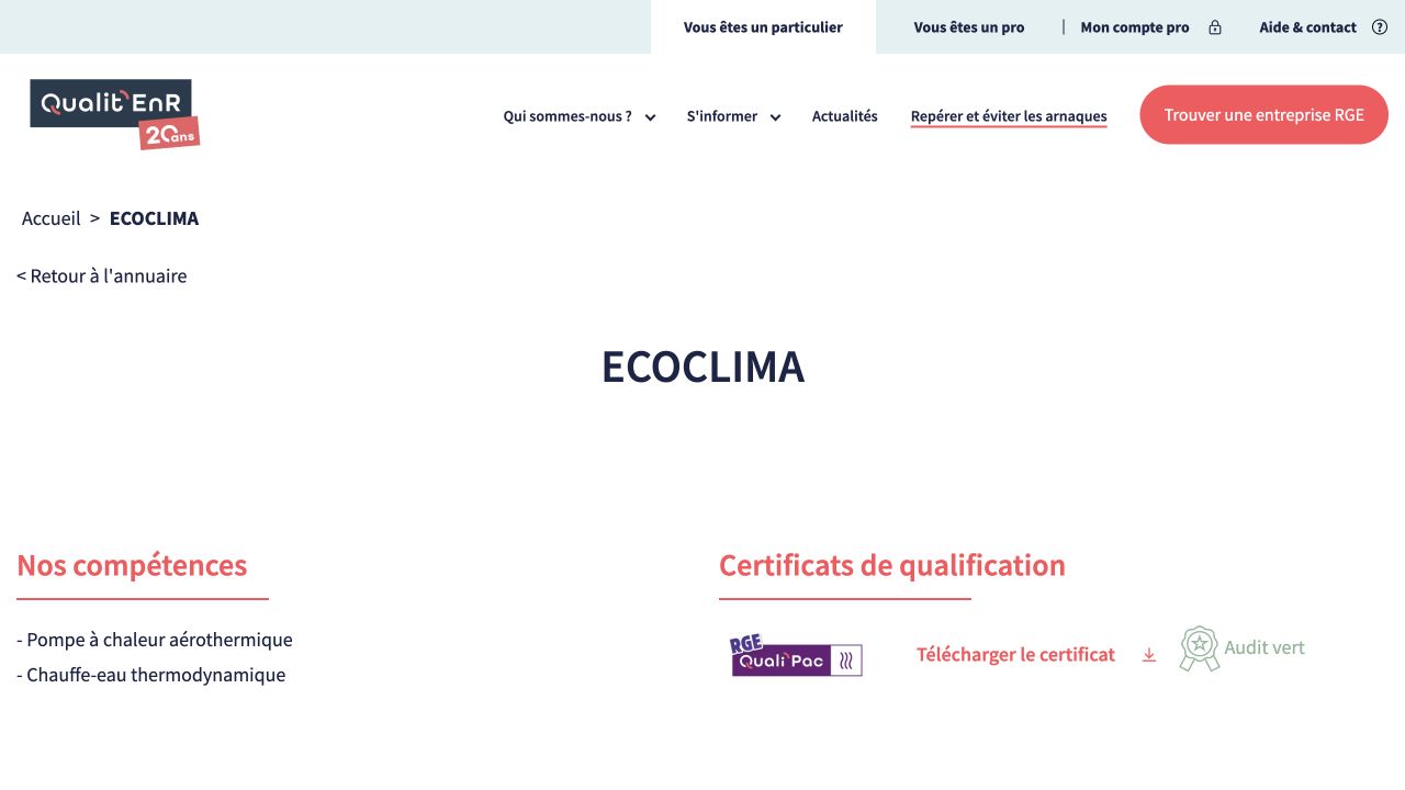 Capture de la fiche du certificateur pour Ecoclima