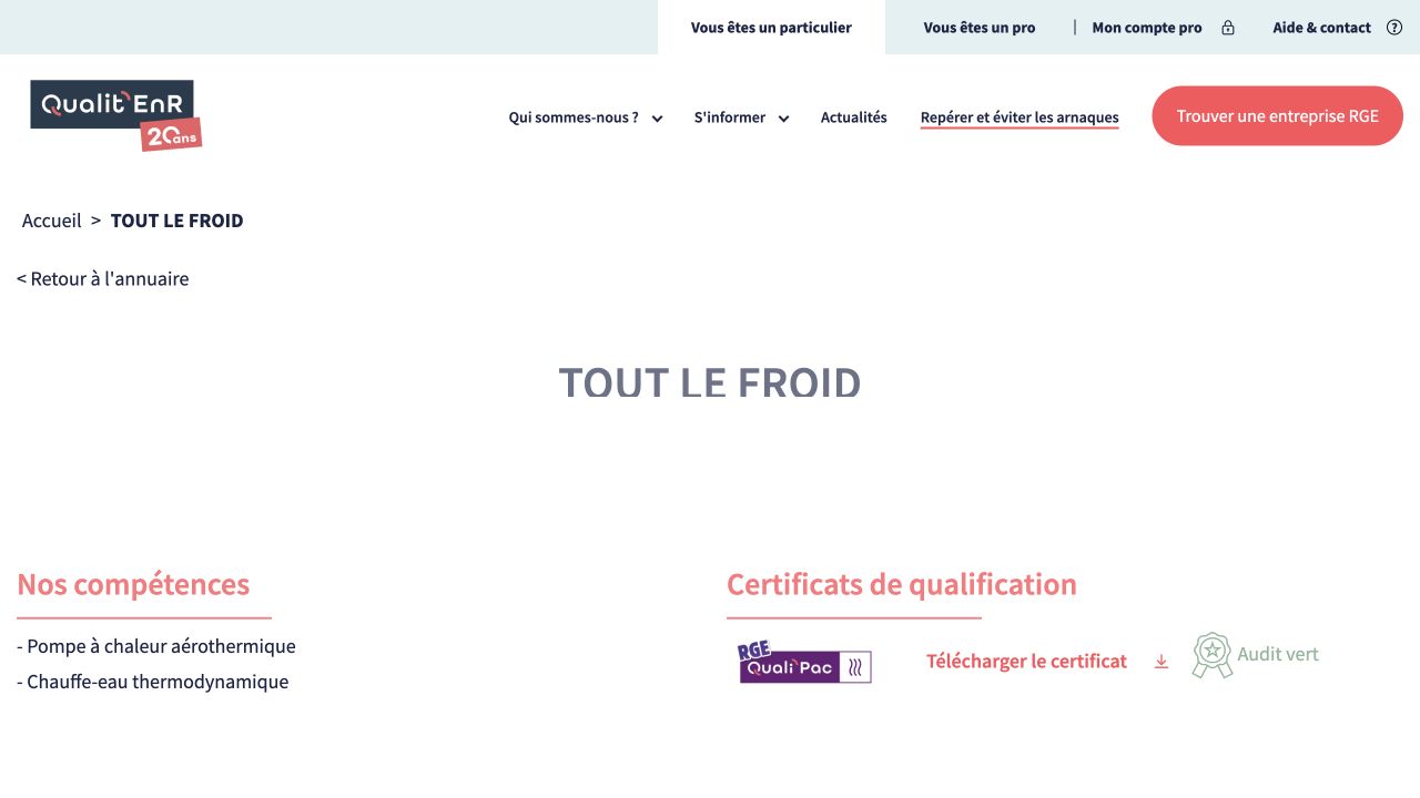 Capture de la fiche du certificateur pour Tout le Froid