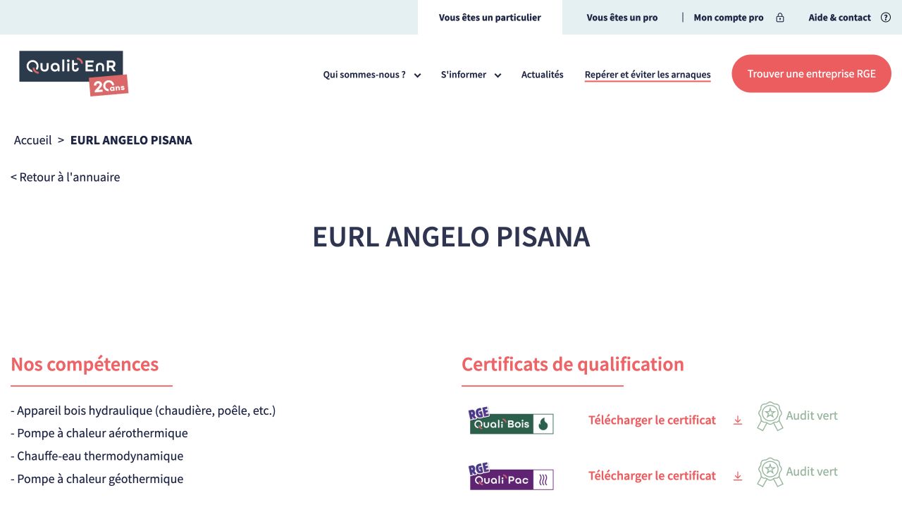 Capture de la fiche du certificateur pour Angelo Pisana