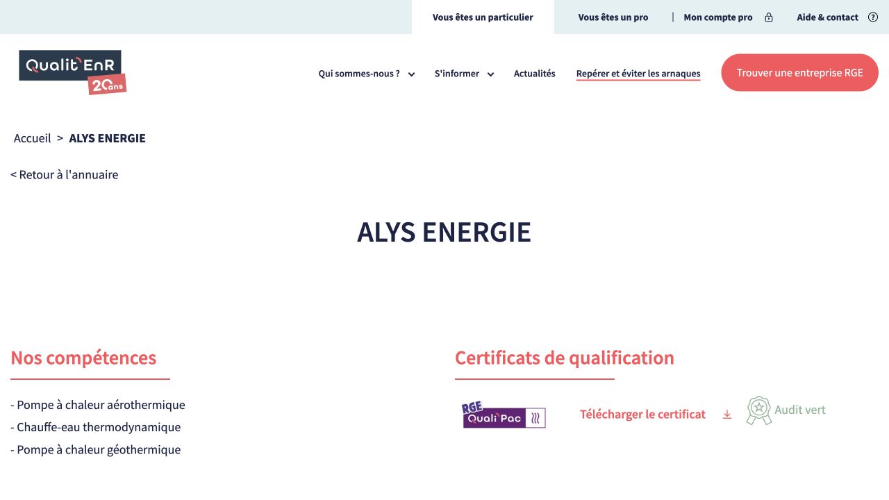 Capture de la fiche du certificateur pour Alys Énergie
