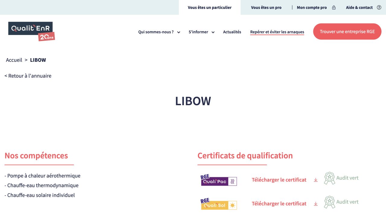 Capture de la fiche du certificateur pour Libow