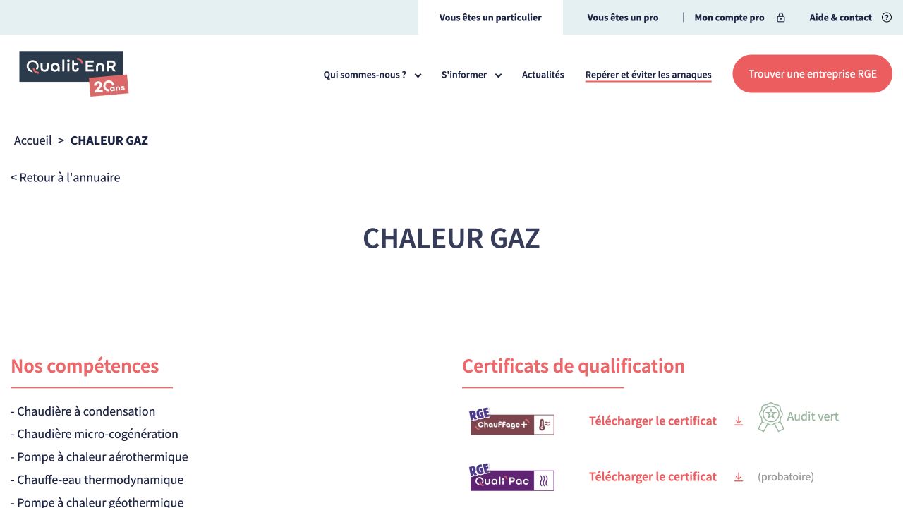 Capture de la fiche du certificateur pour Chaleur Gaz