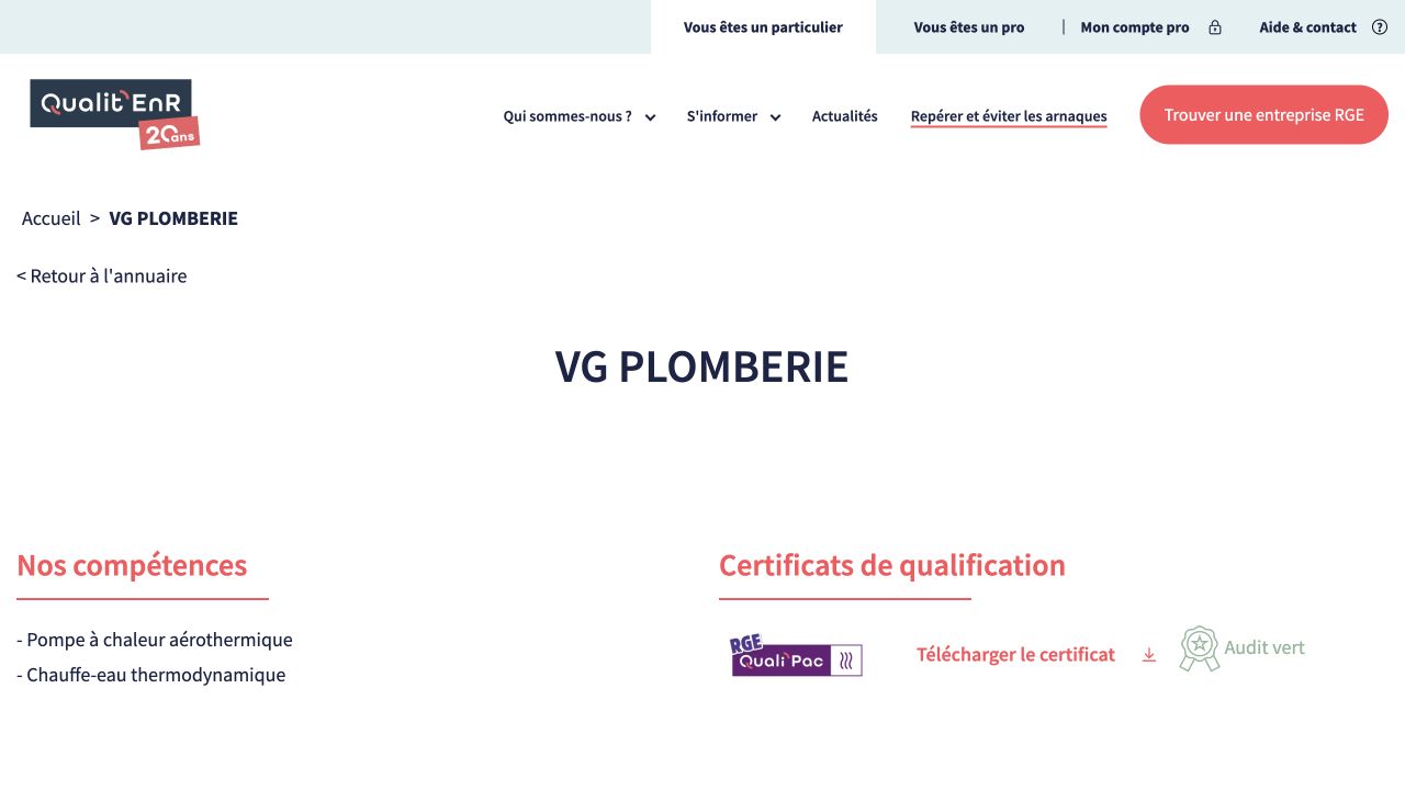 Capture de la fiche du certificateur pour VG Plomberie
