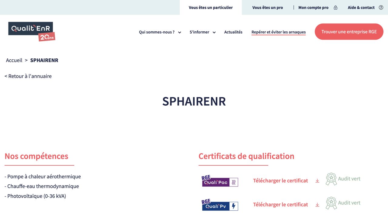 Capture de la fiche du certificateur pour Sph’Air ENR