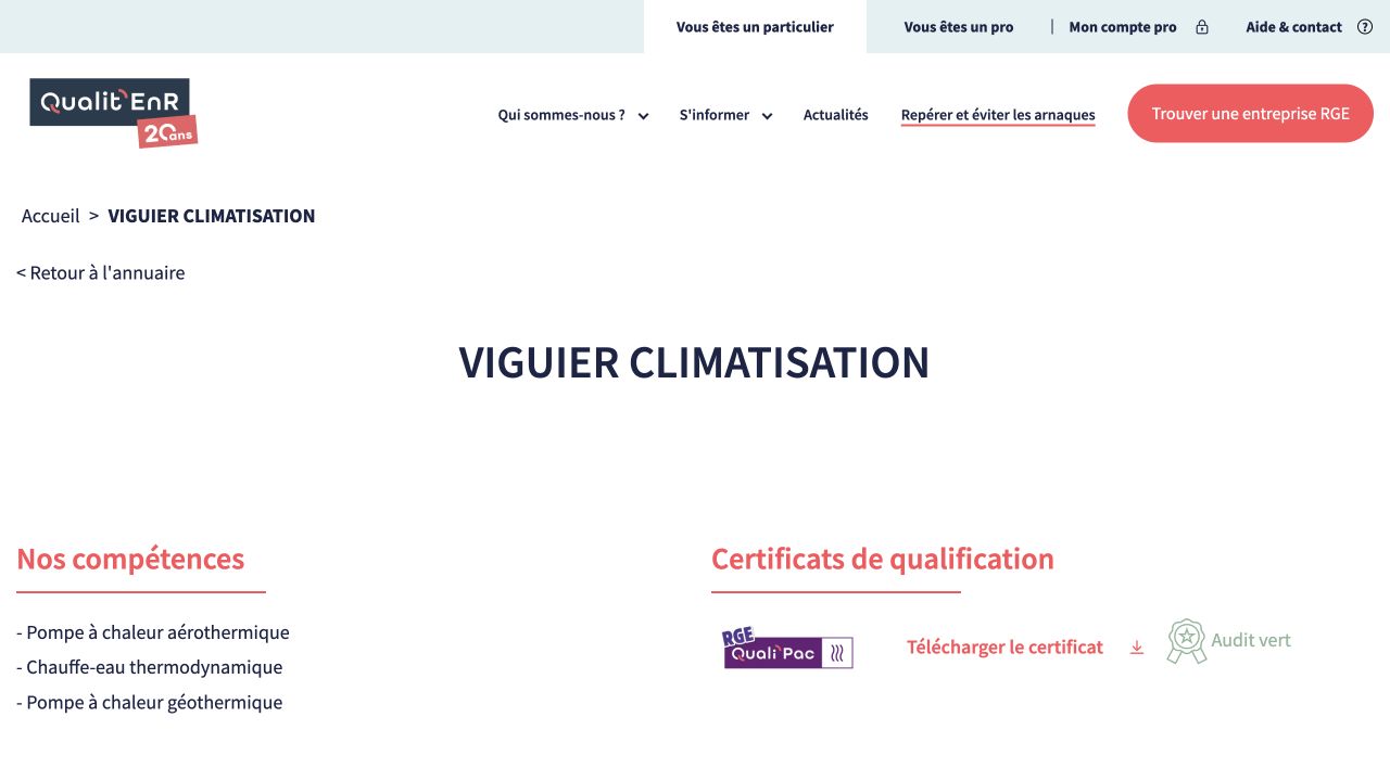 Capture de la fiche du certificateur pour Viguier Climatisation