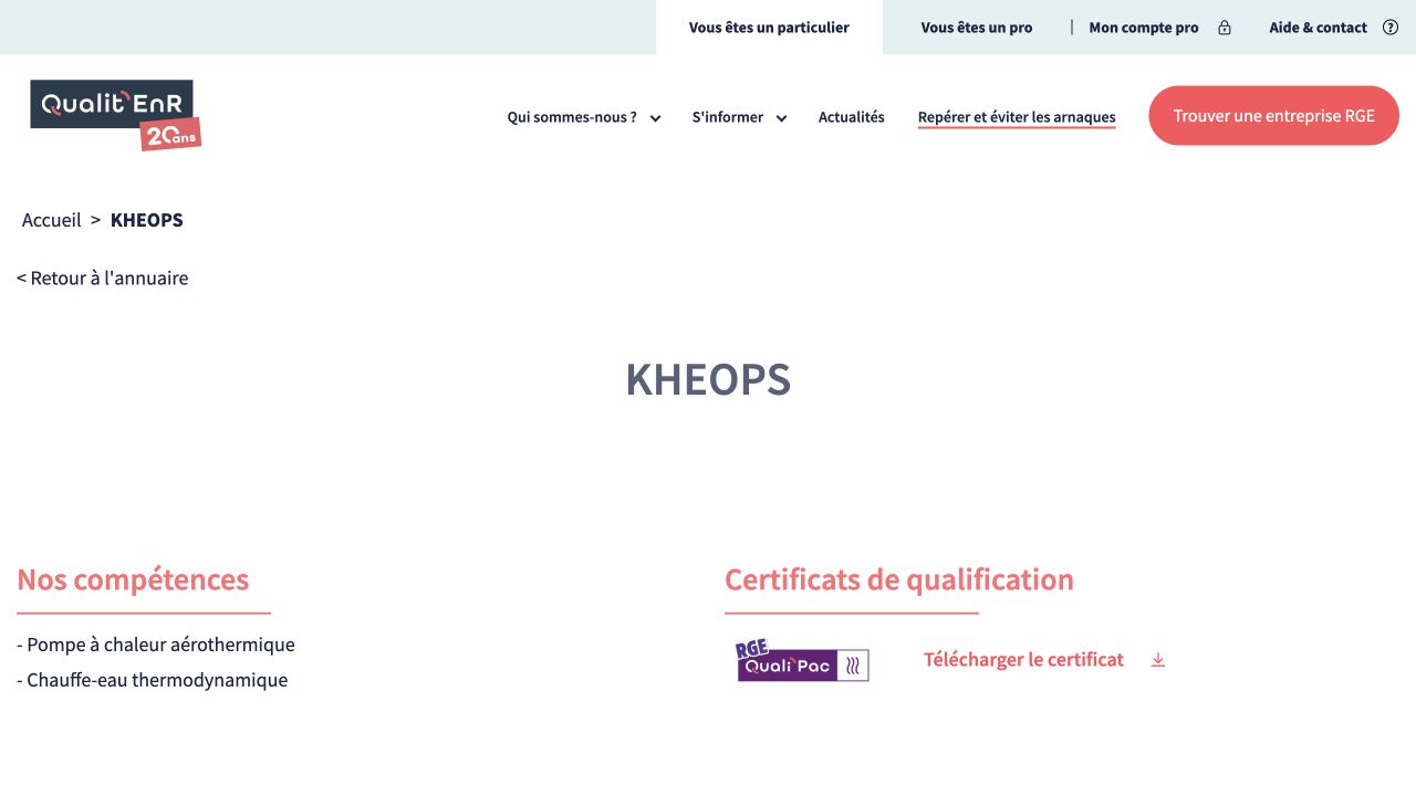 Capture de la fiche du certificateur pour Khéops