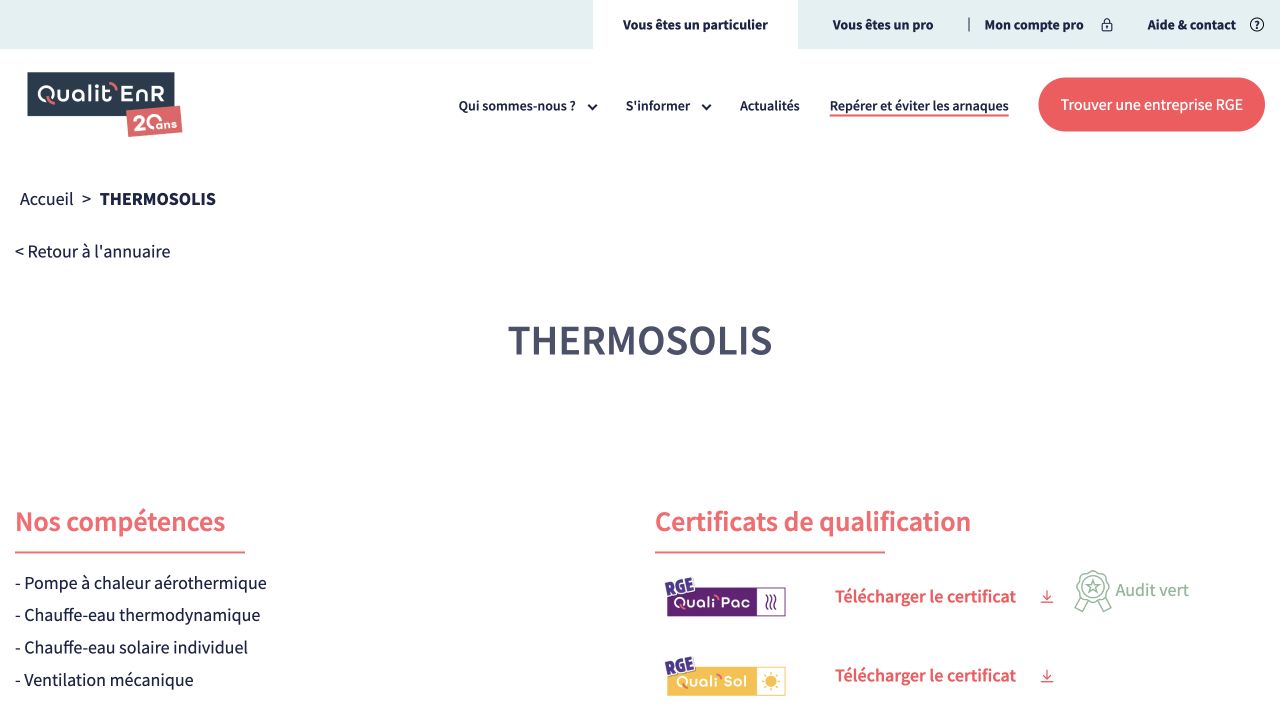 Capture de la fiche du certificateur pour Thermosolis