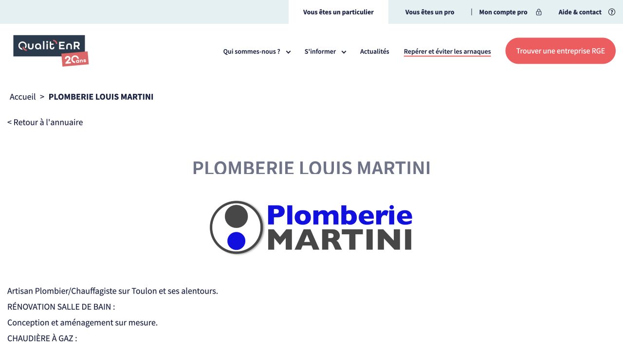 Capture de la fiche du certificateur pour Plomberie Louis Martini