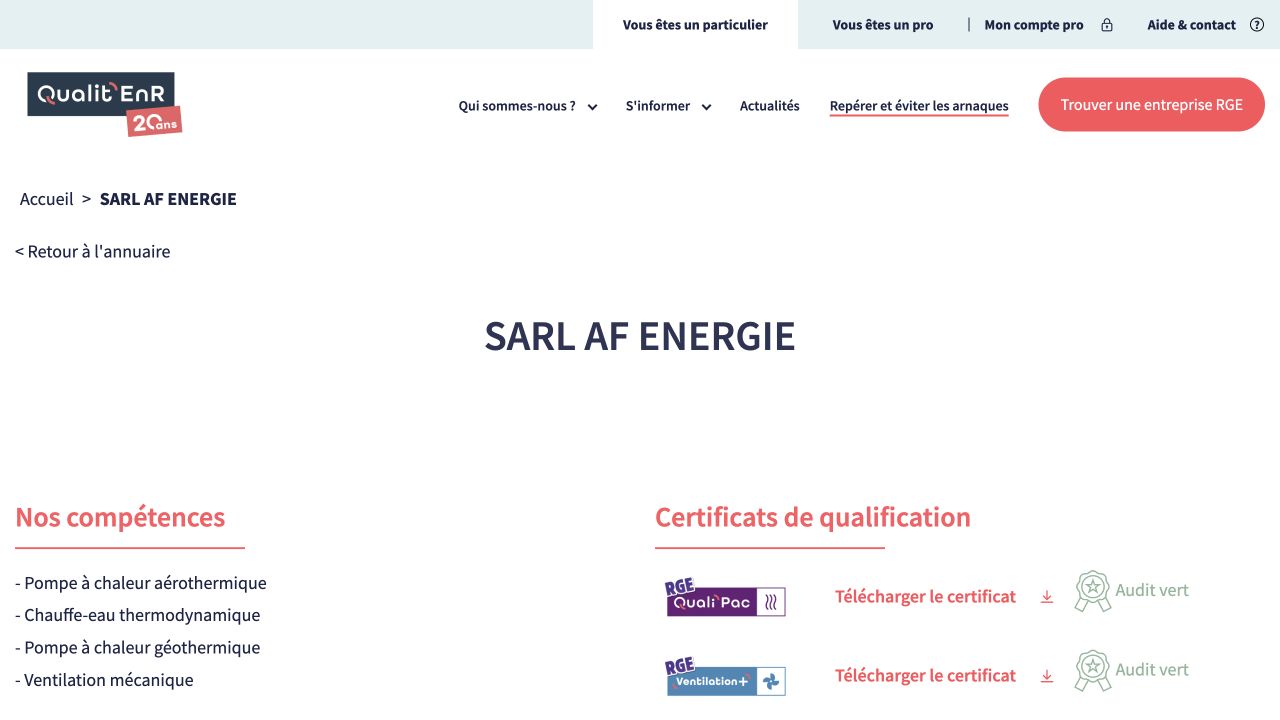 Capture de la fiche du certificateur pour AF Énergie