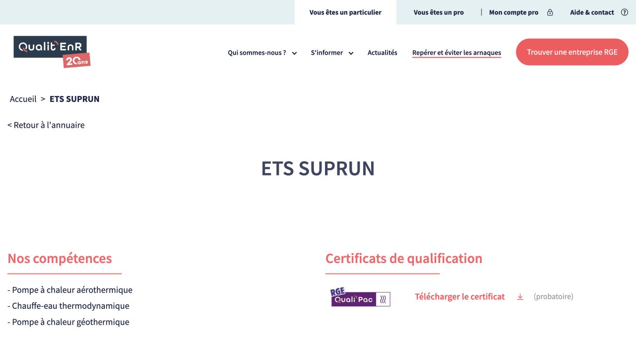 Capture de la fiche du certificateur pour Ets Suprun