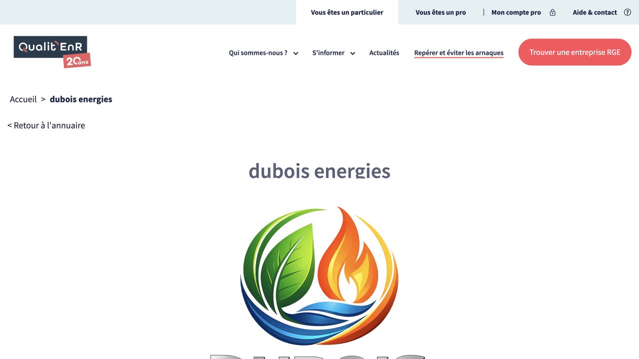 Capture de la fiche du certificateur pour Dubois Énergies